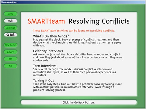 Activities available on Resolving Conflicts.